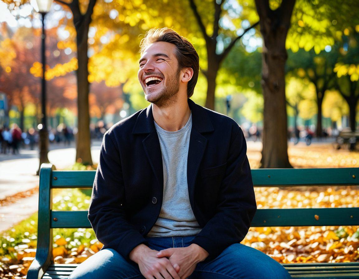 A candid, emotionally rich moment: a man laughing heartily while sitting on a city park bench, with gentle sunlight filtering through trees. Surround him with natural elements like leaves and distant blurred figures, capturing a genuine lifestyle vibe. Ensure the image feels spontaneous and unposed. super-realistic. vibrant colors.