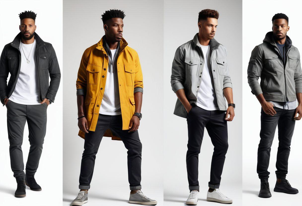 A collage of vibrant and diverse male photography trends showcasing different styles: a rugged man in a natural outdoor setting, a suave gentleman in urban streetwear, a contemplative man in artistic grayscale, and a dynamic athlete in motion. Features must include varied lighting, strong contrasts, and unique compositions. super-realistic. vibrant colors. white background.