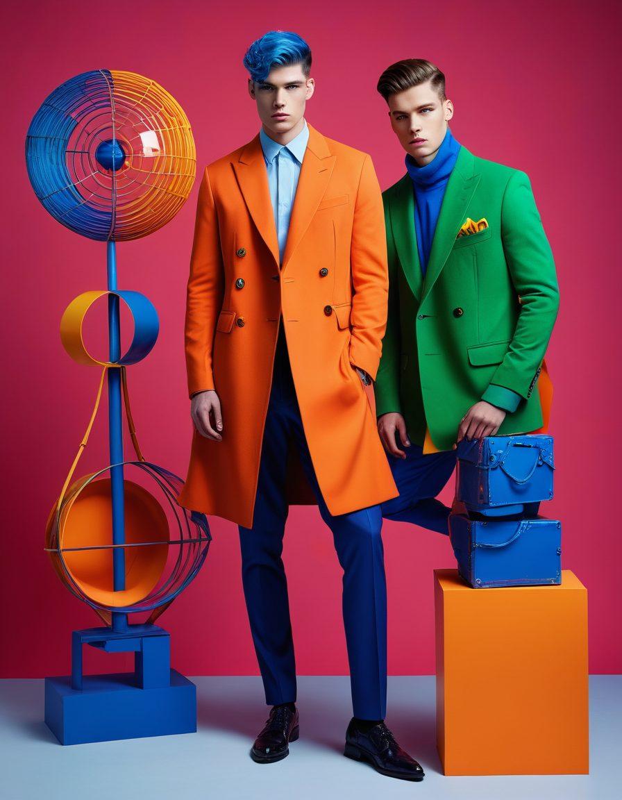 A modern studio setting featuring a male model breaking traditional stereotypes, wearing a blend of tailored and avant-garde fashion pieces. The model poses with confidence and charisma, surrounded by unconventional props such as artistic sculptures and fashion accessories. Bold colors and dynamic lighting emphasize the innovative aspects of the shoot. Painting style with vibrant colors.